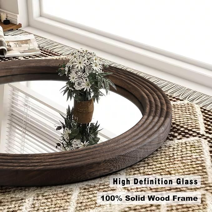 LOSOUR Round Mirror, Farmhouse Decor Solid Wood Frame Wall Circle Mirror, Decorative Mirrors for Bathroom Over Sink, Living Room, Entryway,Bedroom, Entryway, Hallway,Foyer (1, Coffee, 20" L x 20" W)