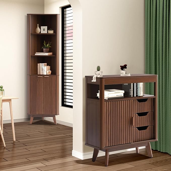 Fluted Floor Bathroom Cabinet with Sliding Door, Modern 3 Drawers Storage Organizer with Adjustable Shelf, Mid Century Bathroom Storage Cabinet with Curved Edge for Bathroom Dining Room (Brown)