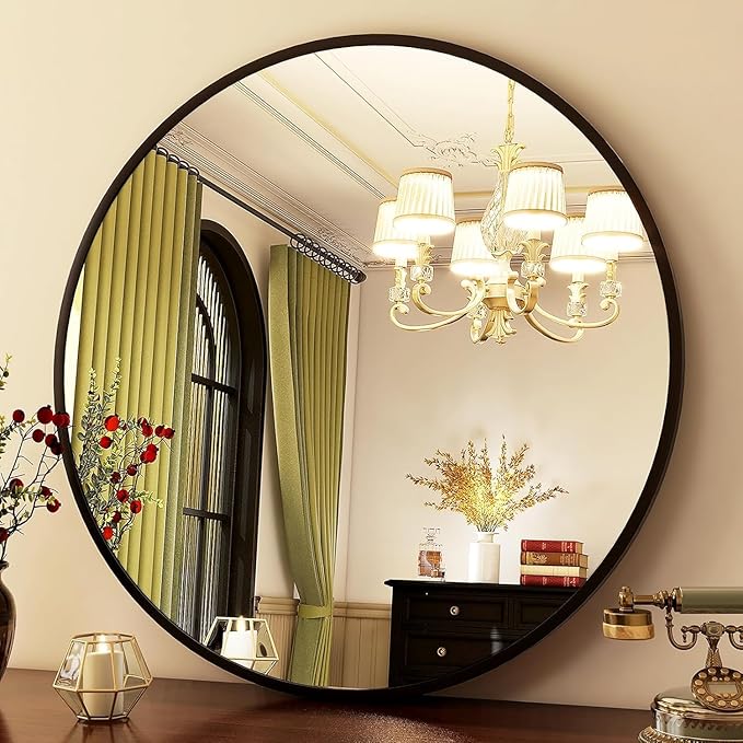 HARRITPURE 28" Round Mirror - Black Bathroom Mirror Circle Wall Mirror with Brushed Aluminum Alloy Frame Modern Decor for Living Room, Vanity, Bedroom, Entryway