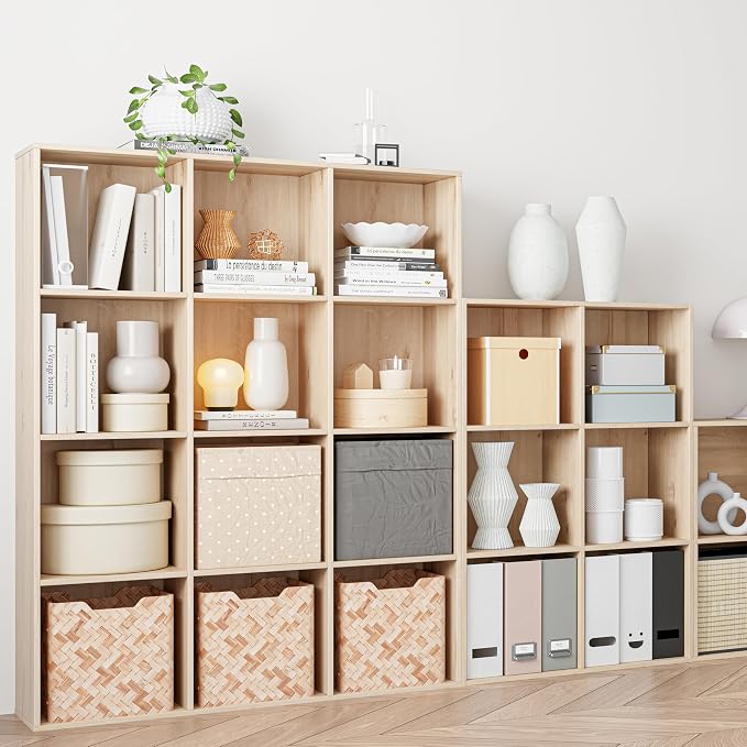 VDNEND Wooden Storage Organizer with Closed Back Panel, 11in Cube Shelf Opening, Bookshelf, Display Shelf,Closet Cabinet for Home and Office (White Oak, 9-Cube 35.98L*9.45W*35.91H)