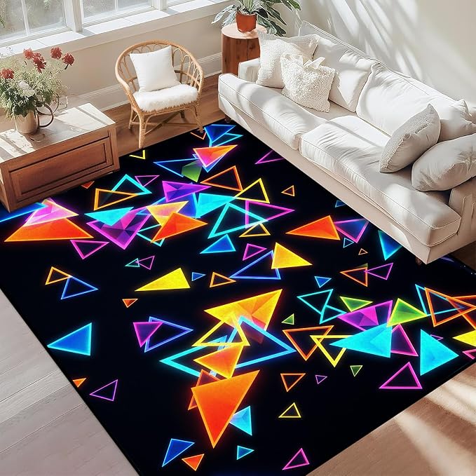 Triangle Area Rug 6'x9' Blacklight Glow in The Dark Geometric Rug Non-Slip Washable Colorful Neon Light Floor Mat for Bedroom Living Room Nursery Kitchen Playroom Home Decor