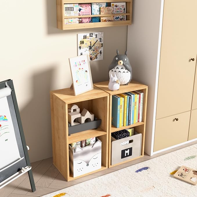 Wooden 2 Cube Storage Organizer, 2 Tier Storage Cubes Storage Display Cubby, Versatile Cubes Shelf and Cubby Organizer for Any Space (Oak, 2 Cube-W(11.8inch)