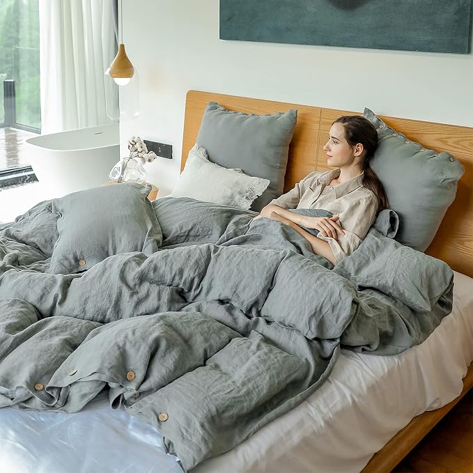 Simple&Opulence 100% Linen Duvet Cover Set 3pcs with Coconut Button Closure Natural French Washed Flax Solid Color Soft Breathable Farmhouse Bedding - Cushing Green, Full Size