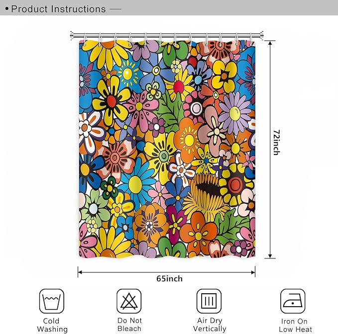 Bohemia Colorful Flowers Bathroom Shower Curtain Funky Retro Hippie 60s 70s Aesthetic Washable Polyester Durable Fabric Home Shower Curtain with Hooks, 65x72 Inch