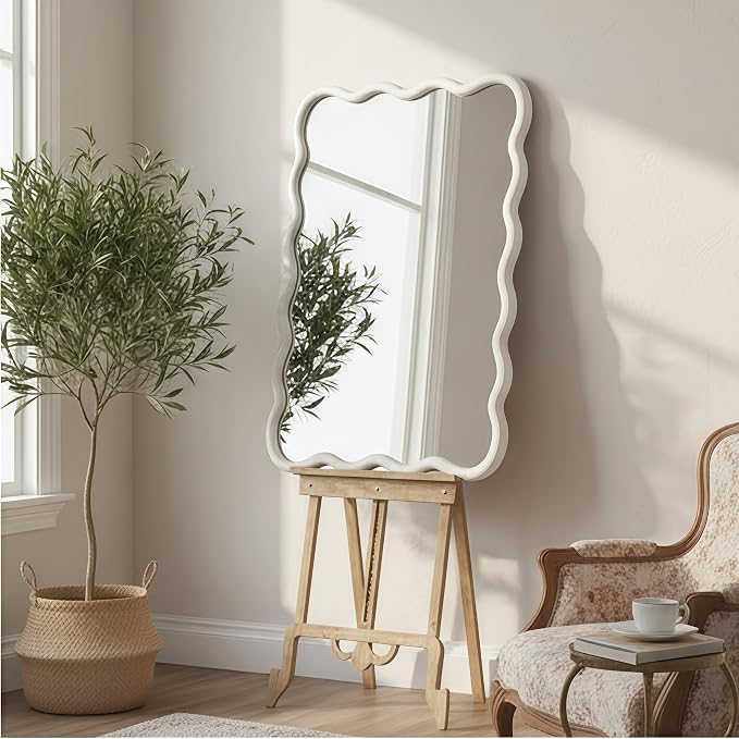 36x24 Inch Wooden Wavy Rectangle Wall Mirror, Modern Solid Wood Frame Decorative Accent Mirror for Bedroom, Bathroom, Living Room, Entryway, White