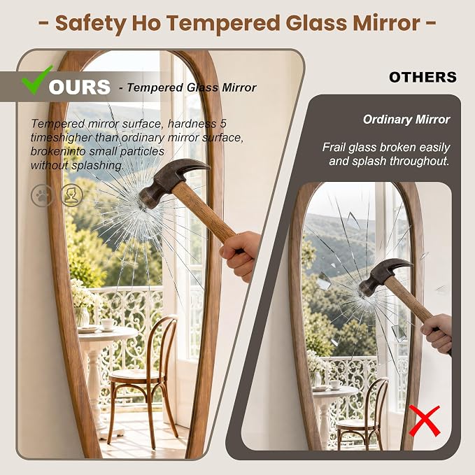 30" x 20" Asymmetrical Wall Mirror with Brown Wood Frame, Irregular Wall Mirror for Bedroom Entryway Living Room, HD Tempered Glass, Horizontal or Vertical Hanging