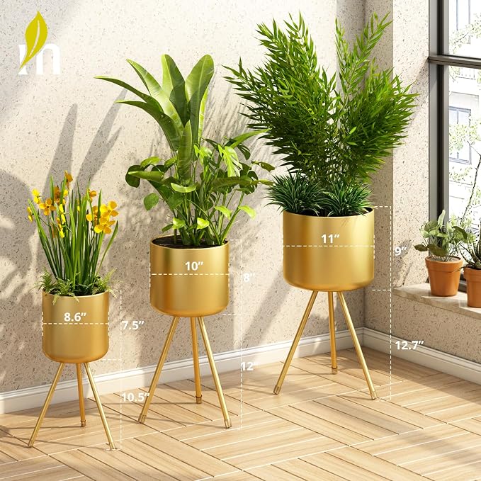 Mid-Century Metal Flowerpot with Stands, Stylish Modern Floor-Standing Flowerpot,Suitable for Orchid, Aloe Indoor Outdoor Decoration 10'' Wide 20'' high (Large, Gold)