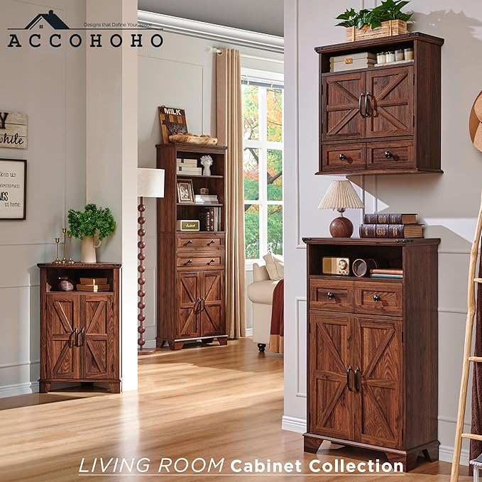 ACCOHOHO Corner Bathroom Cabinet, Farmhouse Small Cabinet with Barn Door & Adjustable Shelf, Storage Cabinets for Bathroom, Kitchen & Living Room, Brown