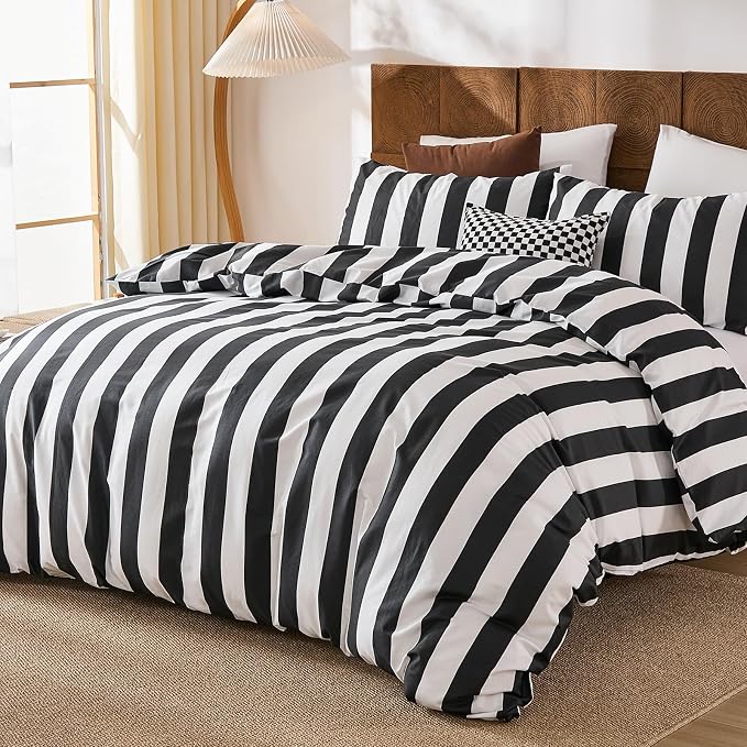 Merryword Black and White Striped Duvet Cover Set King Size - 100% Cotton Duvet Cover Set with Zipper Closure & 8 Corner Ties, 3-Piece Luxury Linen Like Bedding Set for All Seasons