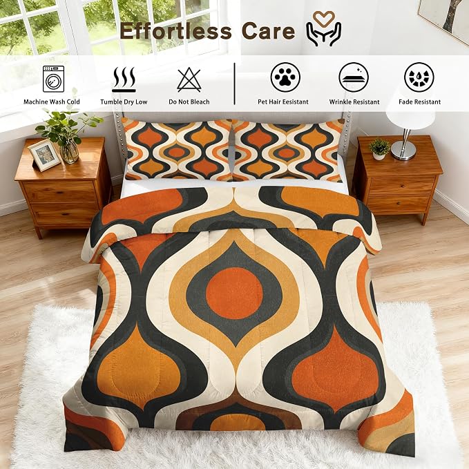 Retro Geometric Twin Size Comforter Sets 2 Piece, Mid Century Modern Printed Pattern, Soft All Season Bed Comforter & 1 Pillow Sham, Vintage Groovy Bedroom Decor Reversible Bedding D-GM22