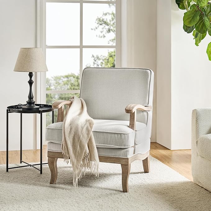 HULALA HOME Mid-Century Modern Accent Chair Set of 2, Upholstered Living Room Lounge Chair, Comfy Armchair with Solid Wood Legs & Removable Cushion, Bedroom Lounge Room Sofa Chair (Ivory)