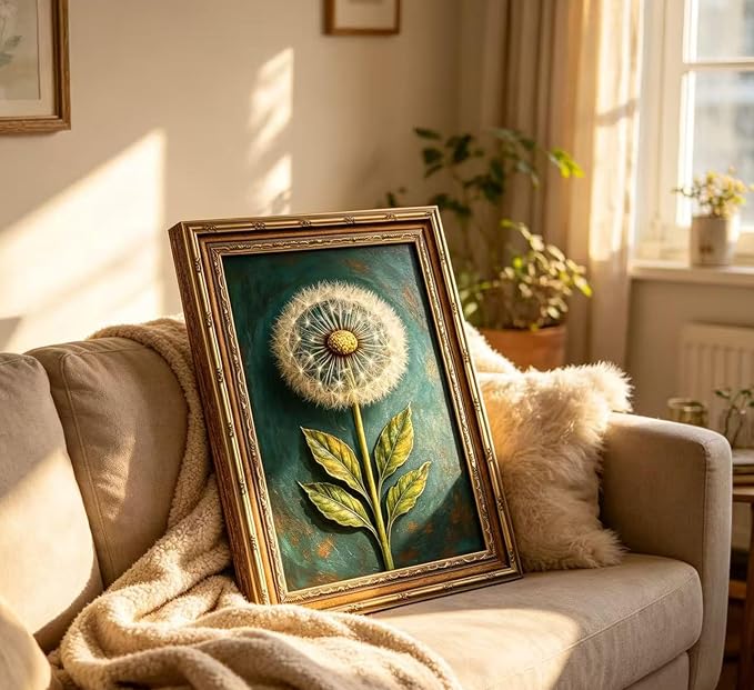 Vintage Gold Framed Dandelion Canvas Wall Art, Teal Background Botanical Oil Painting Print, Retro Moody Botanical Picture Poster, Country Farmhouse Wall Decor,for Home Living Room Bedroom,9x11in