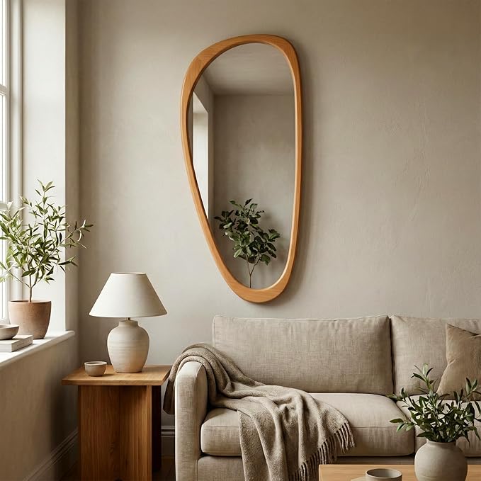 Irregular Asymmetrical Wall Mirror 48"×24" with Solid Wood Frame, Organic Mid-Century Modern Decorative Full-Length Wall Mirror for Living Room, Entryway, Bedroom & Bathroom