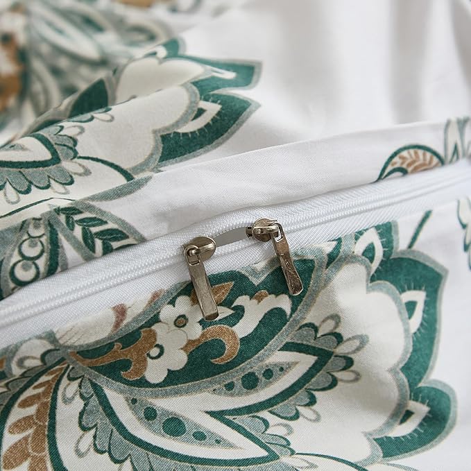 Cozeline 100% Cotton Duvet Cover Queen Size, Green Paisley Bedding Set with Zipper Closure, 3 Pcs Breathable and Soft Duvet Cover for All Season