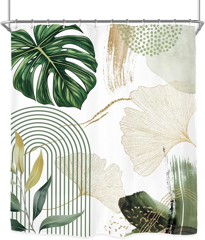 Miyotaa Abstract Ginkgo Olive Green Shower Curtain Set 60Wx71H Inches Minimalist Aesthetic Modern Contemporary Plant Leaves Polyester Waterproof Cloth Bathroom Curtain with 12 Hooks