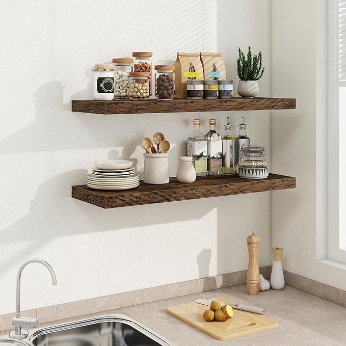 36"W x 9.3"D Floating Shelves for Wall, Wall Mounted Bathroom Shelves 2 Pack Deep Floating Shelf for Bedroom Kitchen Living Room, Rustic Wooden Wall Shelf with Invisible Bracket for Books Decor
