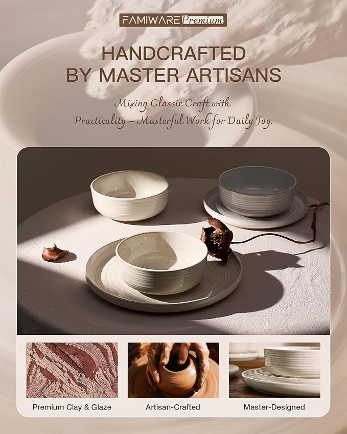 Stoneware Dinnerware Set, Highly Chip and Scratch Resistant Everyday Plates and Bowls for 8 (24pcs), Reactive Glaze Speckled Ceramic Flared Dishes with Gift Box, Microwave Dishwasher Safe, Shell Beige