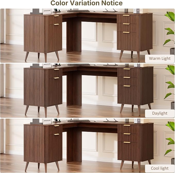 67" Fluted L Shaped Desk with File Drawer, Executive Home Office Desk with Power Outlet & Type-C Port, Corner Computer Desk with 3 Storage Drawers and Cabinet, Writing Desk for Study, Walnut