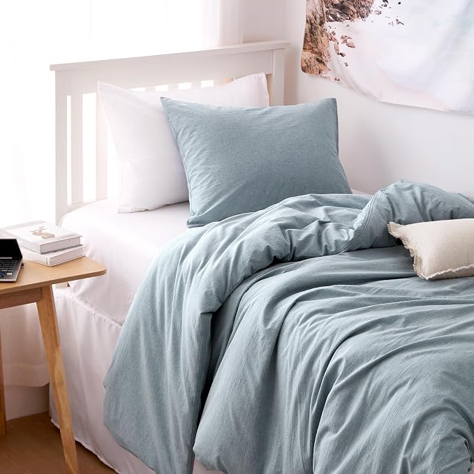 Wake In Cloud - Cotton Duvet Cover Set, 100% Washed Cotton, Linen Like Textured, Breathable Durable Comfy Farmhouse Neutral Bedding Set, 3 Pieces, Light Denim Blue, Twin/Twin XL Size