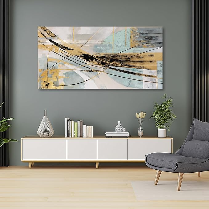 Abstract Wall Art Framed Wall Decor Modern Canvas Abstract Wall Art Black-Gold and Blue Grey Abstract Artwork for Living Room Bedroom Dining Room Home Office Decor 29"x58"