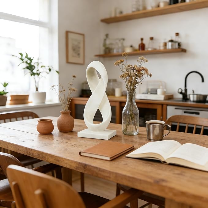 SIMON'S SHOP Modern Abstract Sculpture, 14.5'' Tall Minimalist Figure Eight Tabletop Decor, Hand-Painted Resin Statue for Home or Office, White