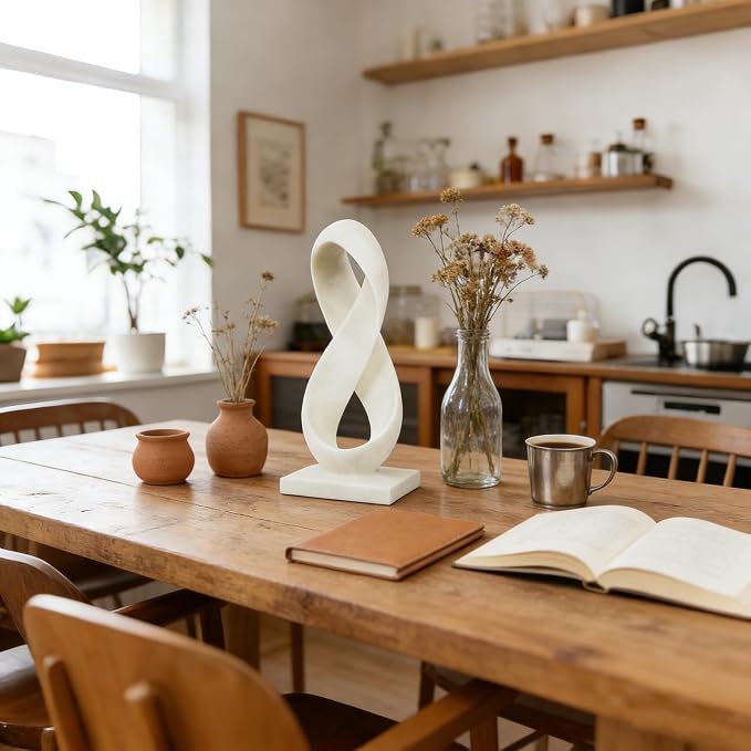 SIMON'S SHOP Modern Abstract Statue, 14.5'' Tall White Minimalist Infinity Loop Design Tabletop Mantel Shelf Decor, Hand-Painted Resin Sculpture for Home or Office