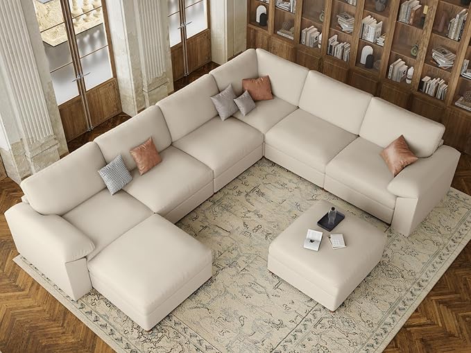 EASE MOOSE Leather Sectional Couch, Oversized Faux Leather Sectional Sofa, Wide Deep Modular Couch, Scratch Resistant Material Sofas, U Shaped Couch,Beige