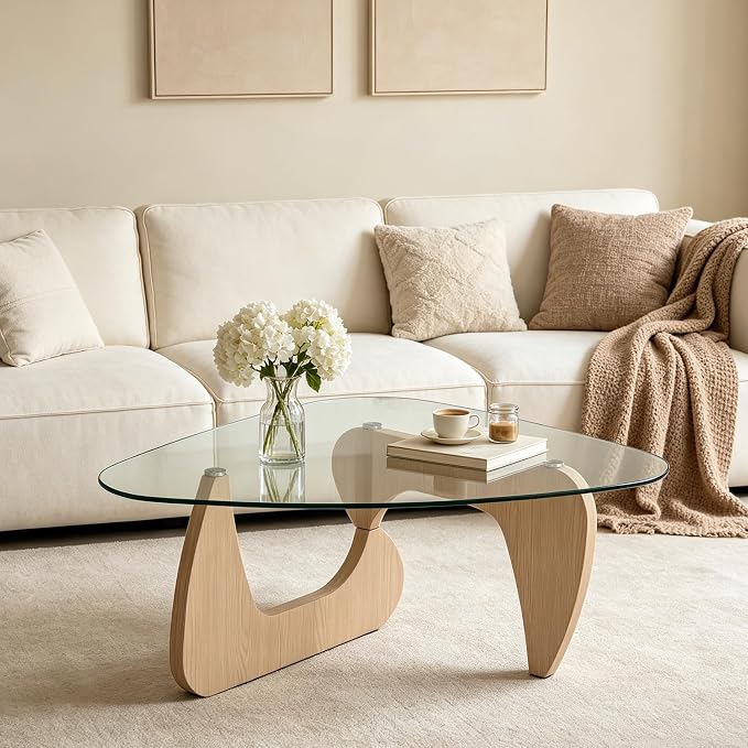 35.8'' Modern Glass Coffee Table with Geometry Base, Triangle Shape Coffee Table for Living Room Office, Natural Oak Finish Wood Base, Mid-Century Style Cocktail Center Table for Small Space
