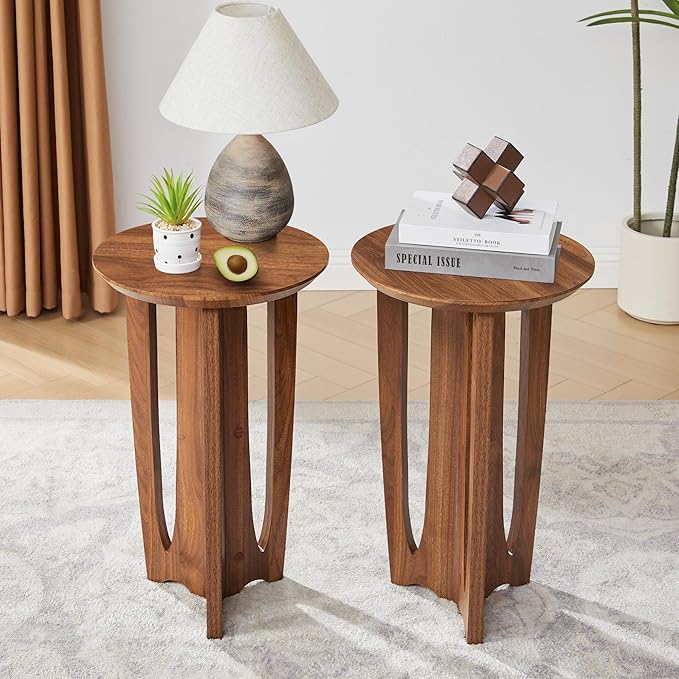 Side Table Set of 2,Mid Century Modern Narrow Round End Table with Curved Legs, Small Side Tables for Living Room, Bedroom (Walnut)