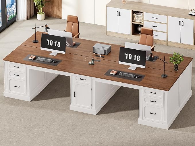 SEDETA Farmhouse 110.3" Two Person Desk with 7 Drawers, Long Computer Desk with Storage Cabinet, 2 Person Desk with Power Outlets for Home Office, White+Brown