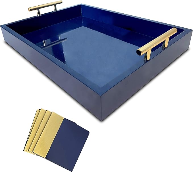 Wood Serving Tray with Gold Polished Metal Handles, Home Decorative Wooden Rectangle Ottoman Decor Platter Bathroom Vanity Tray for All Occasions Gloss Finish, 16"x12", Navy Blue