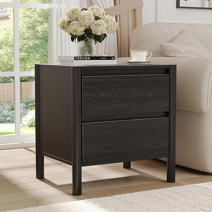 CHUWELL 2 Drawer Dresser for Bedroom, 19.7" Wide Mid Century Chest of Drawers with 4 Solid Wood Cylindrical Legs and 2 Large Storage Space, Wood Dresser for Bedroom(Black)