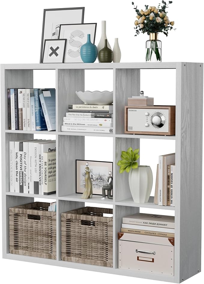 9-Cube Storage Organizer, Wooden Cube Shelf Bookcase with Reinforced Thick Shelves, Heavy-Duty 36.93" L x 9.37" W x 36.93" H, for Living Room Bedroom Home Office, White
