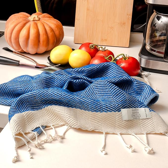 Hand Towels - Set of 2 | 18" x 30" - Decorative Turkish Hand Towel for Bathroom, Kitchen, Guest, Face, Hair, Tea, Dishcloth (Herringbone, Oil Blue)