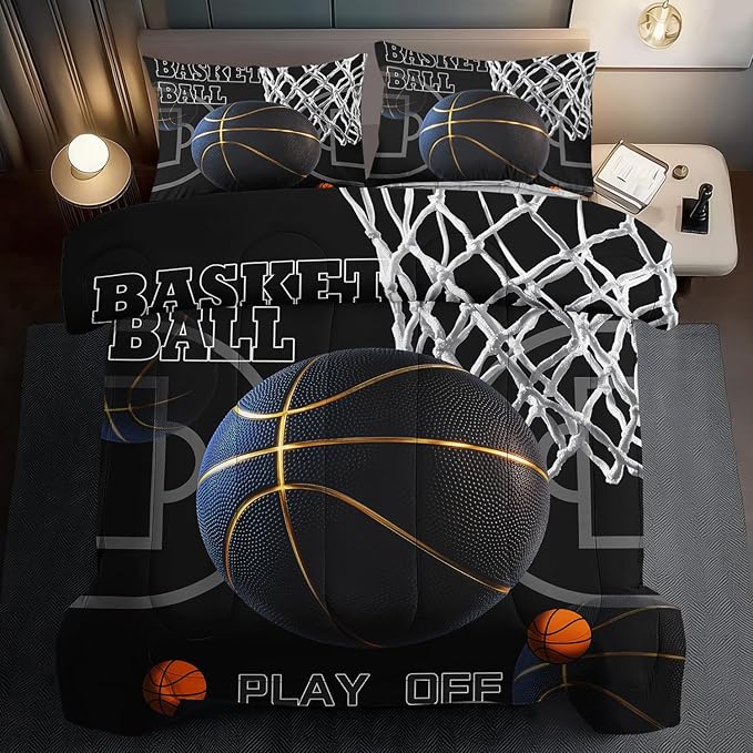 Basketball Comforter Set Twin Bedroom Decor,Sports Comforter Sets for Boys,Black Basketball Bedding Twin,Gold Sports Bedding for Teen,Black Bedroom Decor Boys,Ball Games Quilt Set