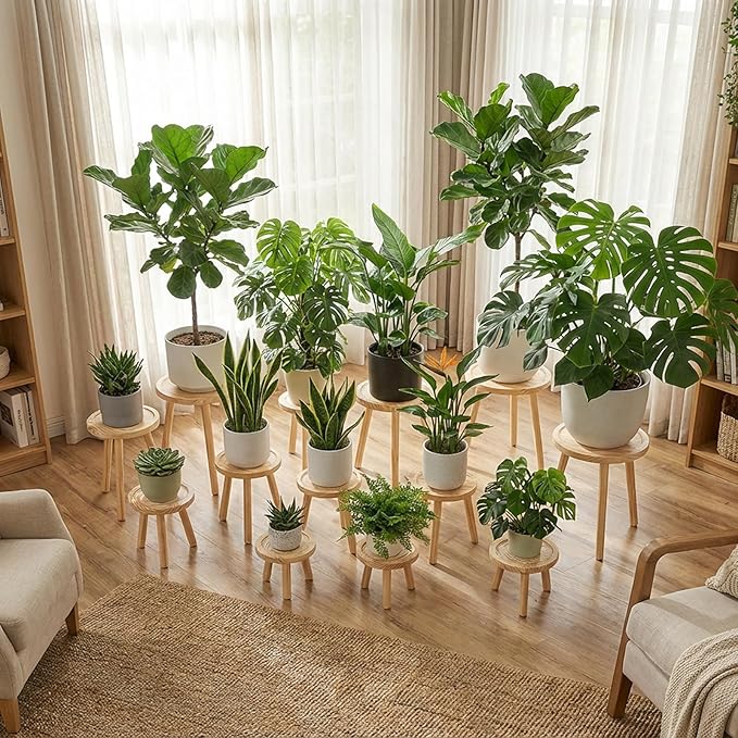 3-Pack Wood Plant Stands Indoor, Single Plant Stand for 6-12 Inch Pots, Mid-Century Modern Plant Stool, Tall Plant Stand for Large Plants for Living Room, Balcony, Office (Light Brown)