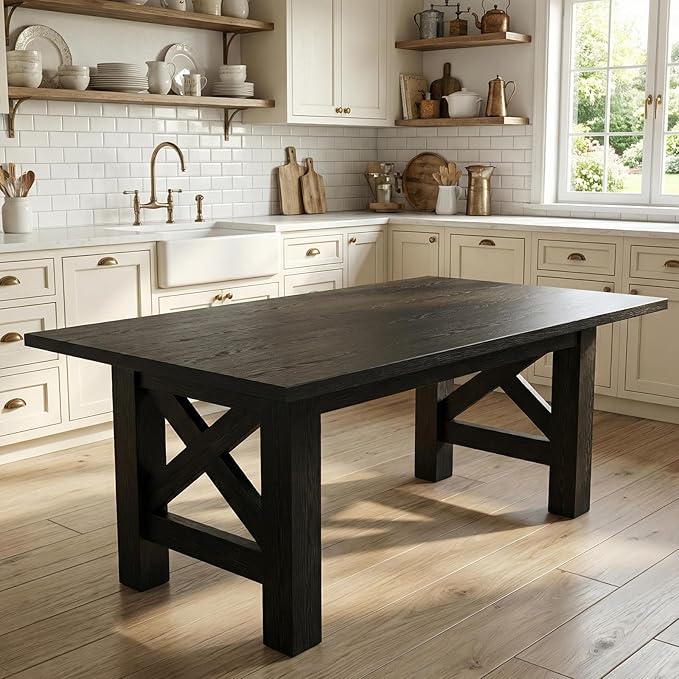 GarveeHome Dining Table for 6-8, 71" Long Large Wooden Farmhouse Kitchen Table with Thick Sturdy Frame, Rectangular Dining Room Dinner Table with Stable Triangular Legs for Kitchen,Office, Retro Black