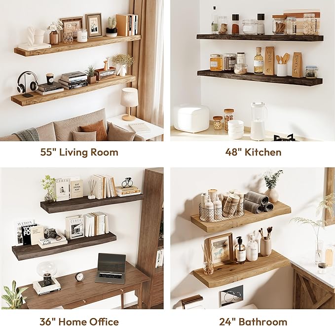 Vivelove Live Edge Floating Shelves Solid Wood, Elm Shelves for Wall with Invisible Bracket for Living Room Bedroom Bathroom Office Book, Rustic Farmhouse Wooden Shelf, 48 Inch Set of 1- Natural