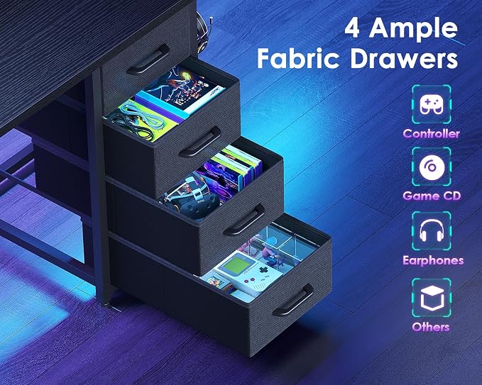 ODK 55 Inch Computer Desk with 4 Drawers, Office Desk with LED Lights and Storage Shelves, Large Writing Study Table for Home, Bedroom, Study or Gaming Setup, Black