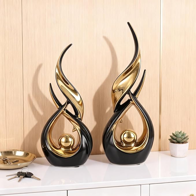 DOVDOV 2-Piece Abstract Black and Gold Home Decor, Ceramic Abstract Sculpture, Modern Artwork, Suitable for Room Coffee Table countertops, Office Bookshelves, Dining Table Centers, entryway Decor.