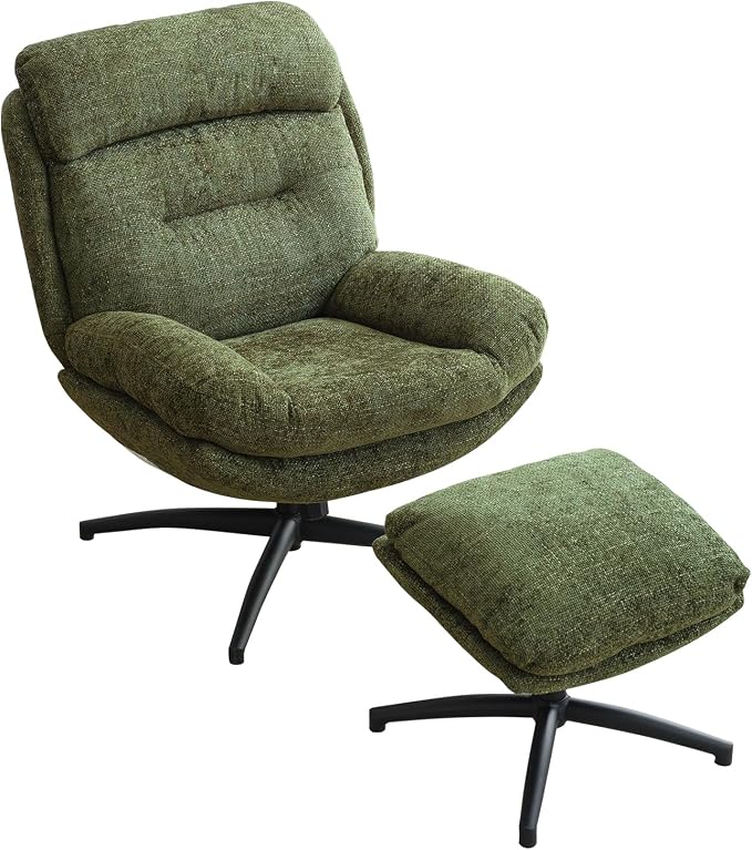 Swivel Accent Chair with Ottoman Set for Living Room, Chenille Comfy Reading Chair with High Back, TV Lounge Chair with 360 Degree Swiveling, Tilting for Bedroom, Modern Armchair with Footrest, Green