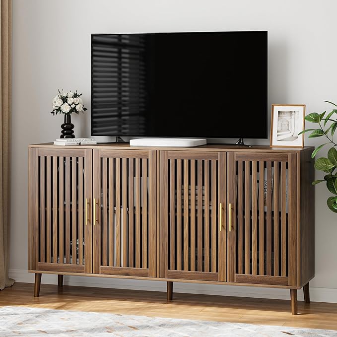 Buffet Cabinet with Storage, 63" Walnut Sideboard with Grille Doors&Adjustable Shelf, Wood Coffee Bar Storage Cabinet for Kitchen Living Room Entryway