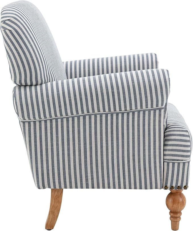 Linen Accent Chairs Set of 2 Mid-Century Modern Living Room Armchair with Nailhead Trim & Wood Legs Comfy Upholstered Single Sofa Chair for Lounge/Bedroom/Reception, Blue Stripe