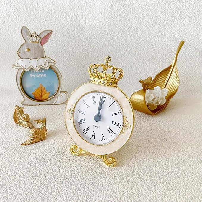 Vintage Mini Analog Table Clock, Silent Crown Table Clock with Hand-Painted Metal Body and Battery Operated Non-Ticking Core for Shelf, Living Room, Bedroom, Bedside, Desk
