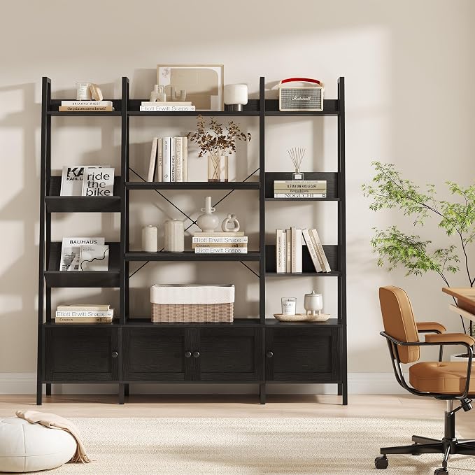 kepptory Large Ladder Bookshelf with 3 Storage Cabinets, Triple Wide 4-Tier Open Bookcase with Storage for Living Room, Bedroom, Home Office, Black