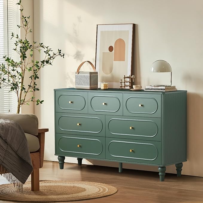 ORRD Fluted 7 Drawer Dresser for Bedroom, Mid Century Modern Chest of Drawers, Wood Storage Large Dresser Organizer for Bedroom Living Room Hallway Closet, Green