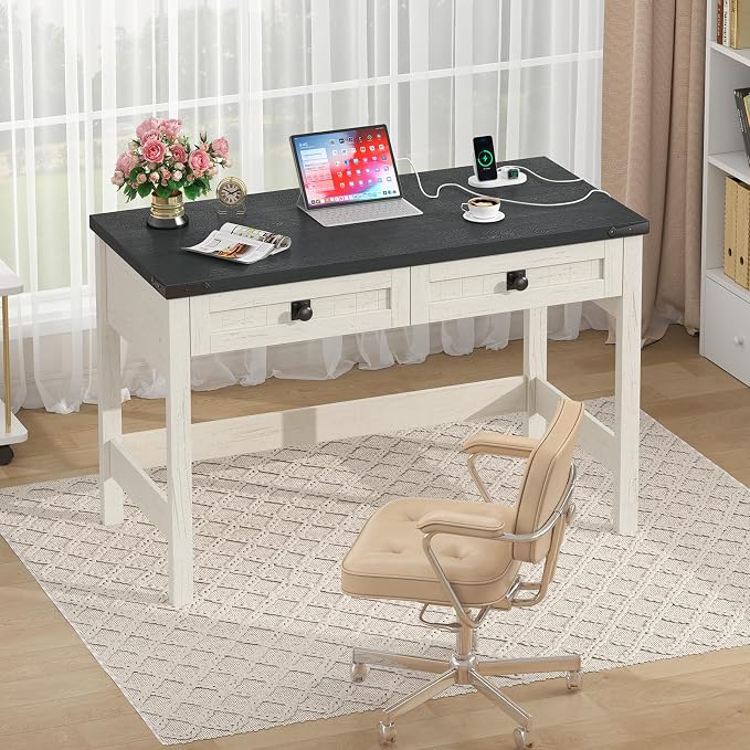 YOMILUVE Farmhouse Computer Desk with 2 Drawers, 39 Inch Small Office Computer Desk with Power Outlets, Compact Writing Study Vanity Desk for Small Spaces, Black and White