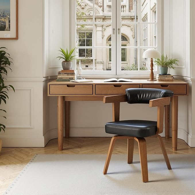 Art Leon Home Office Desk Chair - Mid Century Modern Chair, Faux Leather Office Chair No Wheels, Comfy Accent Arm Chair with Wood Legs for Small Spaces Living Room Bedroom Study, Black/Walnut