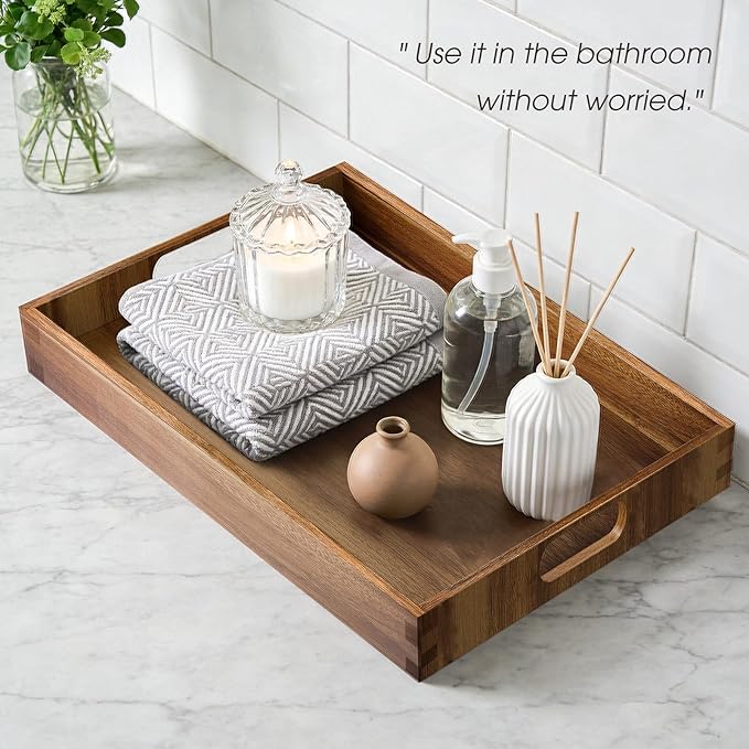 Serving Trays - 2 Pack, Acacia Wood Serving Platters with Ergonomic Handles, Versatile Rustic Decorative Trays for Breakfast, Brunch, Dinner, Coffee Table, Party, Kitchen-M