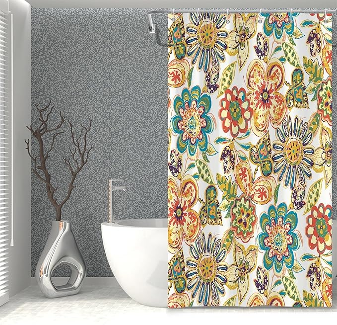 Boho Floral Bathroom Shower Curtain - Retro Funky Bohemian Flower Colorful Waterproof Durable Fabric Artistic Home Decor Shower Curtain with Hooks, 36x72 Inch